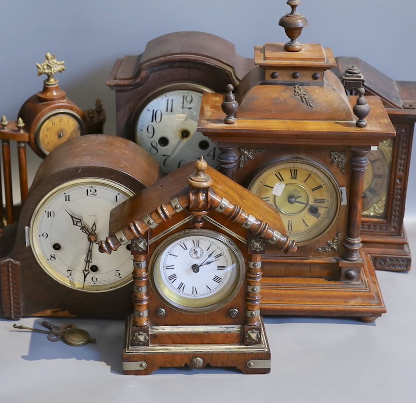Six Victorian and later mantel clocks and timepieces, tallest 42cm